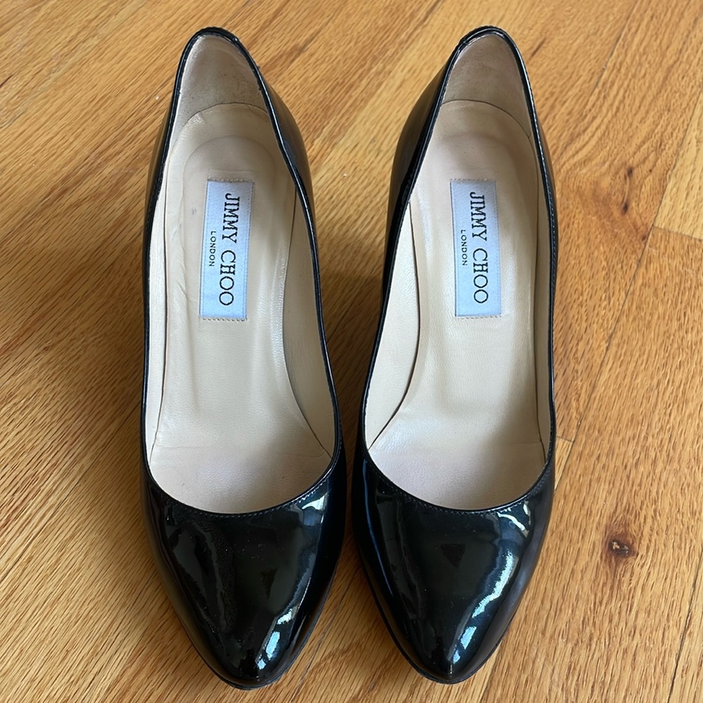 Jimmy Choo black patent high heel wedges. 35.5 EU. 3 1/4” / 8.5cm heel.